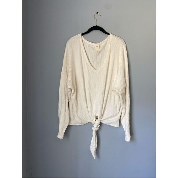 H&M textured ribbed long sleeve tie front top size large/ ivory ￼ - Picture 1 of 5